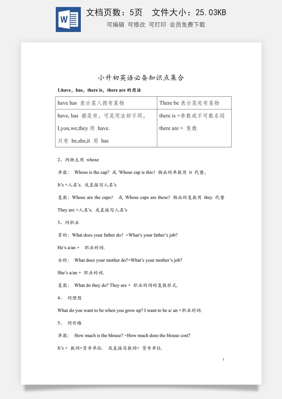 小学英语人教版一年级起点六年级下册英语知识素材  小升初英语必备知识点集合  人教新起点.docx
